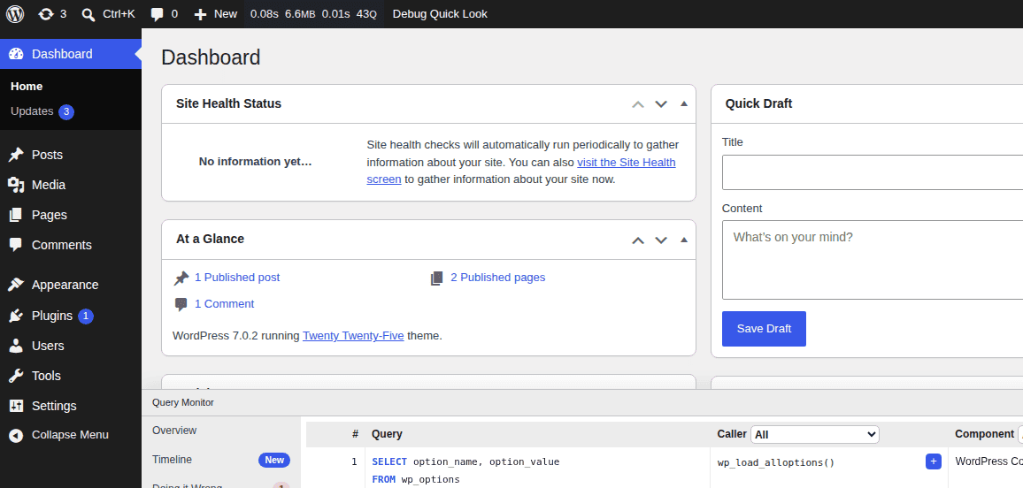 Query Monitor panel for WordPress request and database debugging