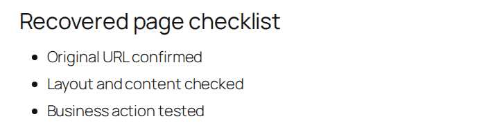 Restored WordPress page checklist visible on the frontend