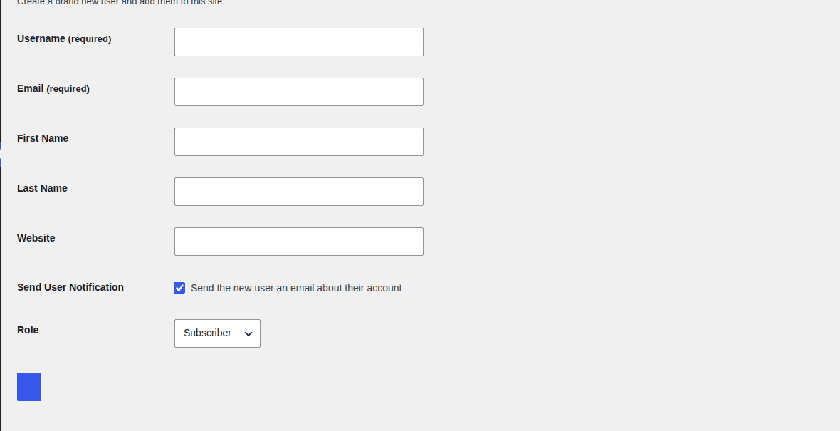 WordPress new user screen for role workflow testing
