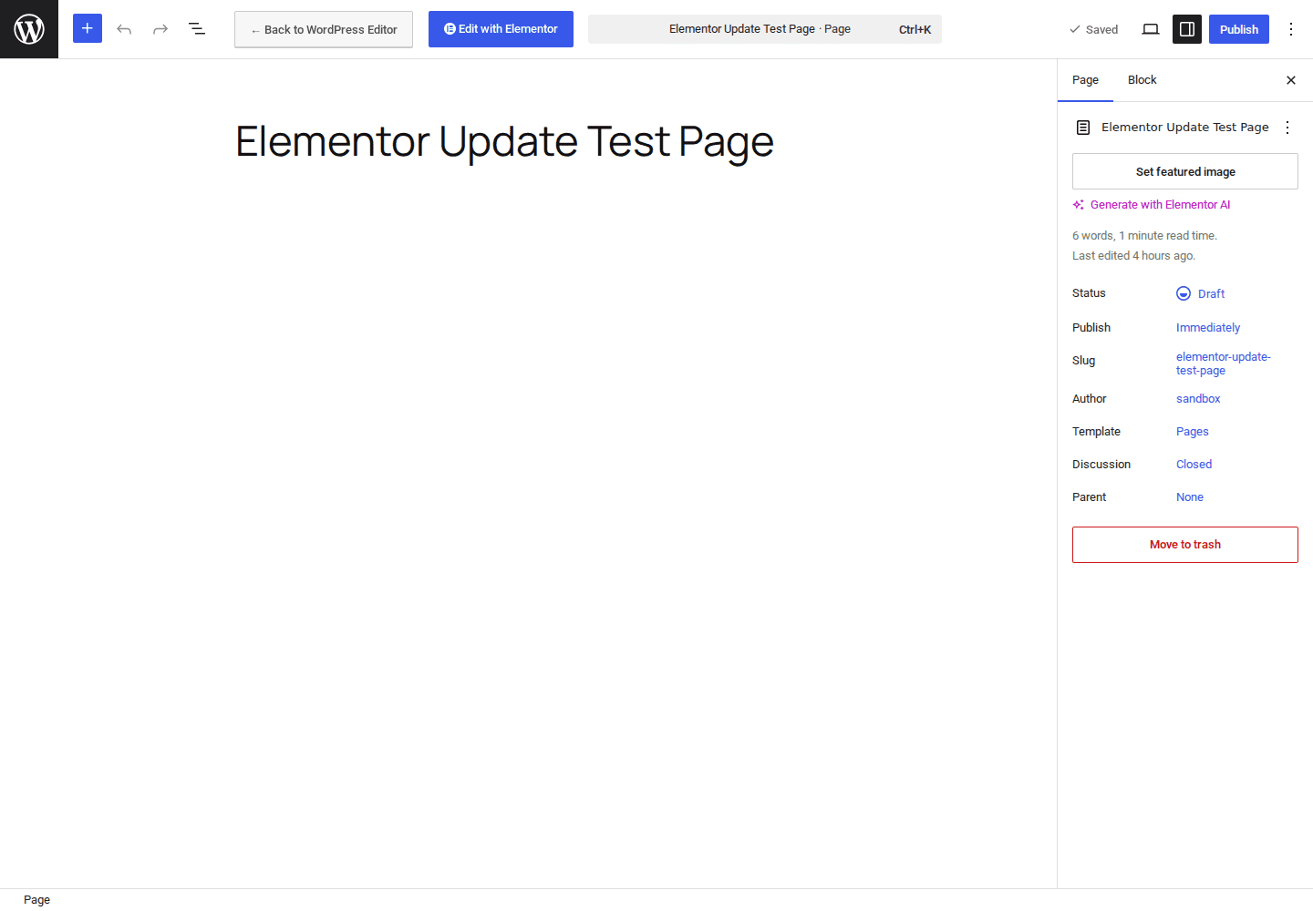 WordPress editor screen with the Edit with Elementor entry point visible