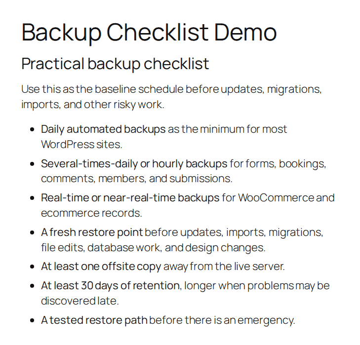 Backup recommendation checklist on a WordPress demo page
