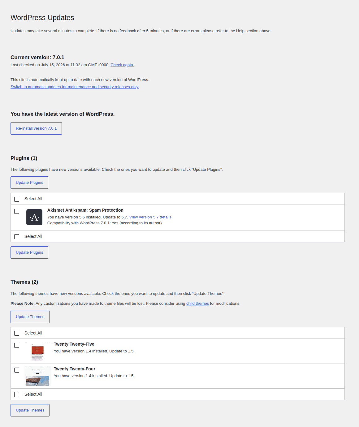 WordPress updates screen before deployment
