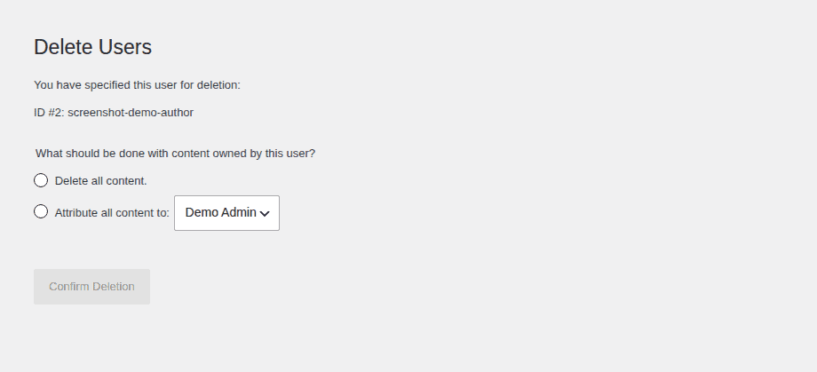 WordPress user deletion workflow showing content reassignment context