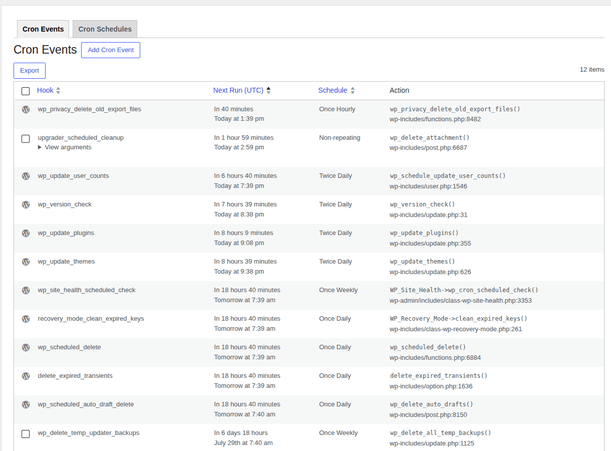 WP Crontrol Cron Events table for scheduled WordPress jobs