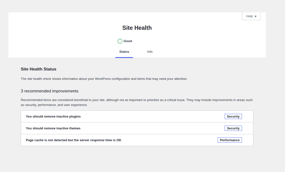 WordPress Site Health screen used as part of routine recovery planning
