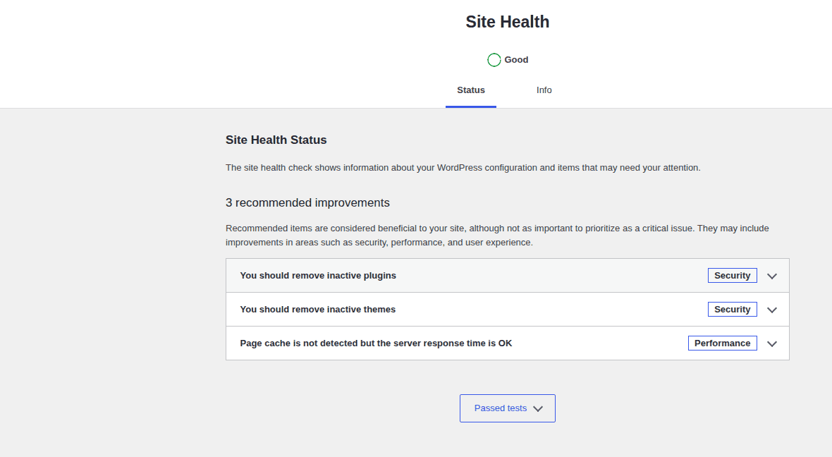 WordPress Site Health screen showing site status context