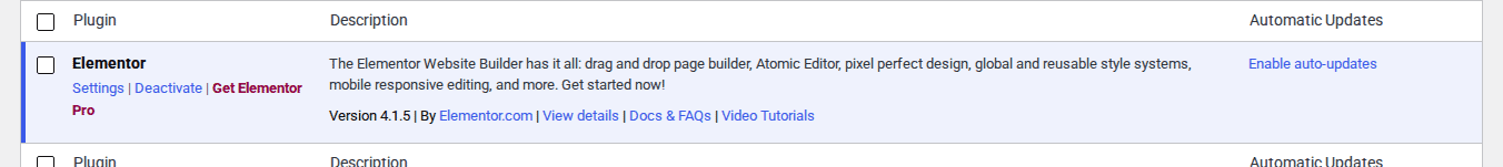 Plugins list controls for reviewing Elementor auto-update behavior