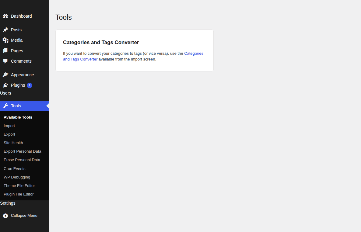 WordPress Tools screen with debugging-related entries