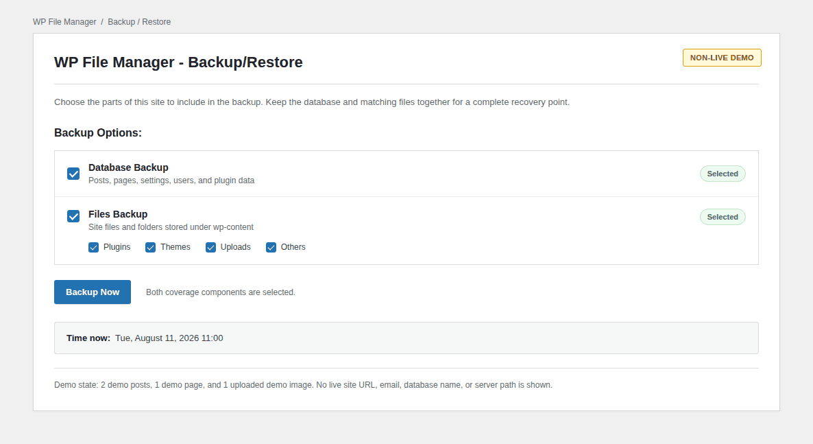 WP File Manager backup coverage showing files and database data