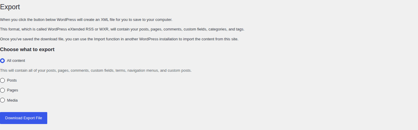 WordPress Export screen showing content export is not a full site backup