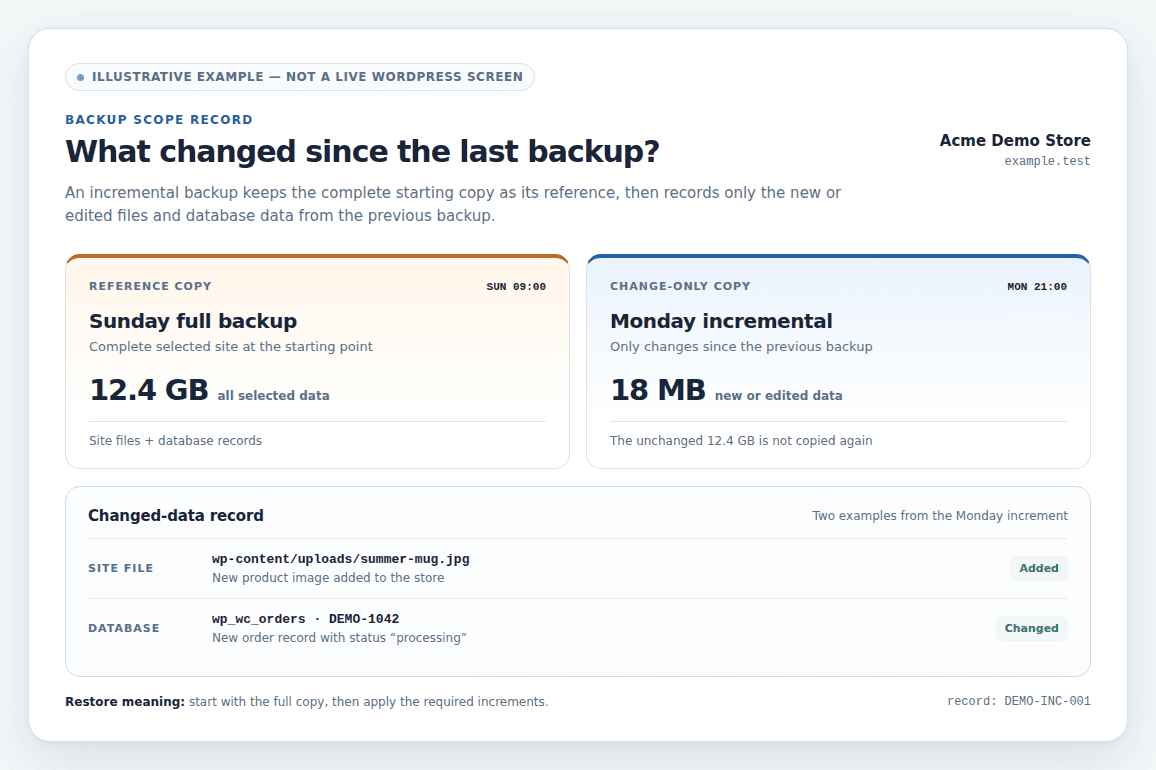 Illustrative record showing a full backup and the changed data in an incremental backup