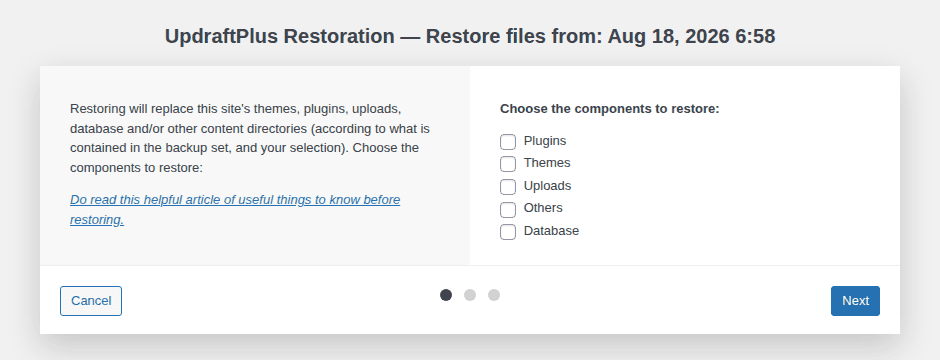 UpdraftPlus restore modal showing separate database, plugin, theme, upload, and other-file components