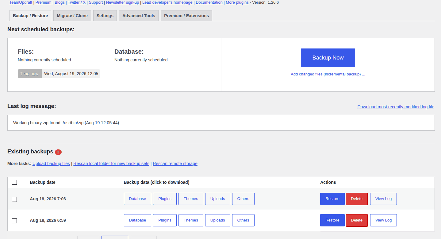 UpdraftPlus Backup and Restore screen with a populated backup set