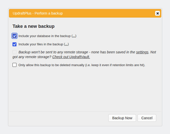 UpdraftPlus Backup Now dialog with database and files options