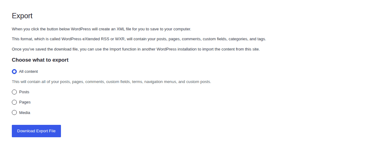 WordPress content export options