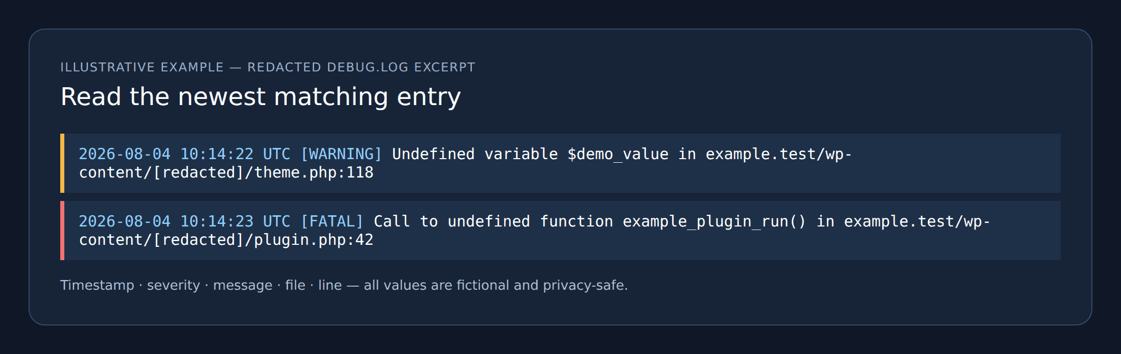 Illustrative debug.log entry with timestamp and severity