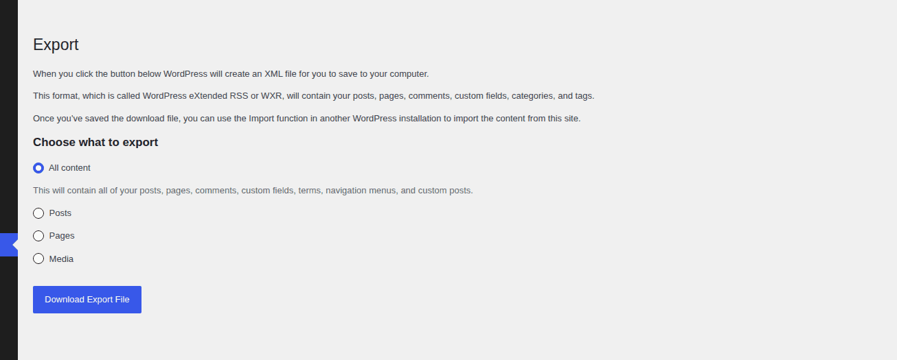 WordPress Export screen for preserving current content