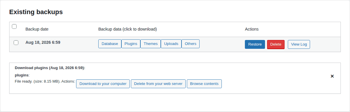 UpdraftPlus backup row with archive, log, and download actions