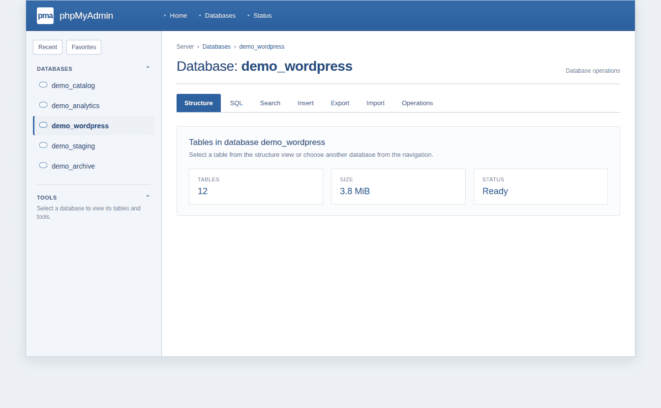 phpmyadmin backup database Selected WordPress database in the phpMyAdmin sidebar