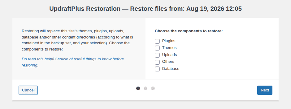 UpdraftPlus restore dialog with separate database, plugin, theme, upload, and file selections