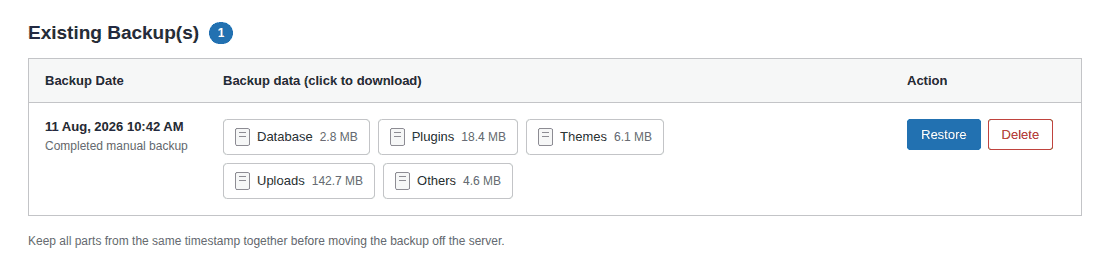 Completed WP File Manager backup showing archive parts and details
