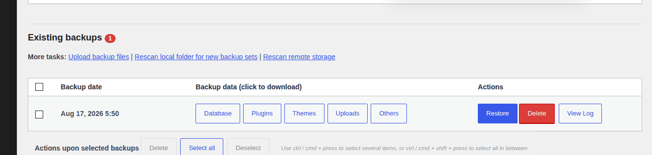 UpdraftPlus existing backup row with component and View Log actions