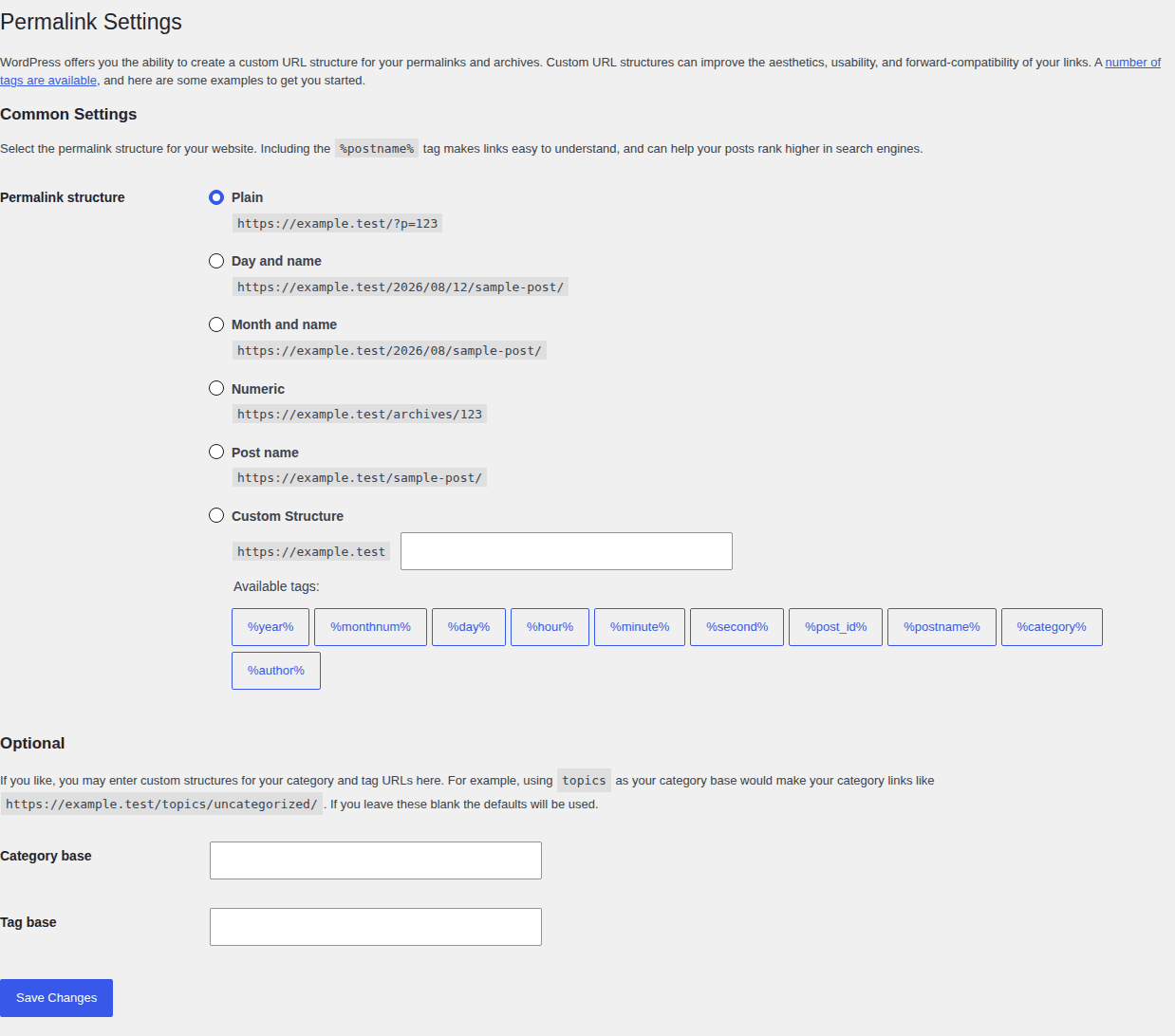 WordPress Permalinks settings page