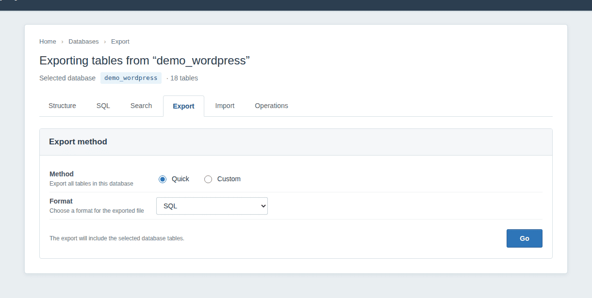 phpMyAdmin Quick export with SQL selected