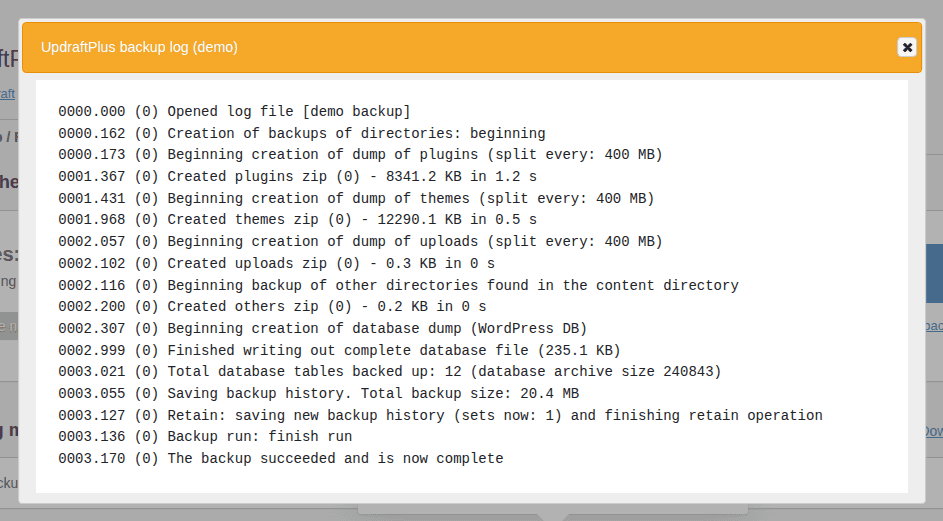 UpdraftPlus restore log showing the last recorded operation