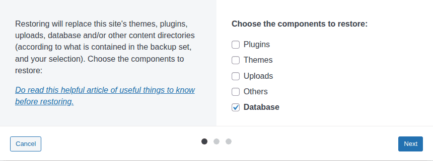 UpdraftPlus warning that selected restore components can replace site content