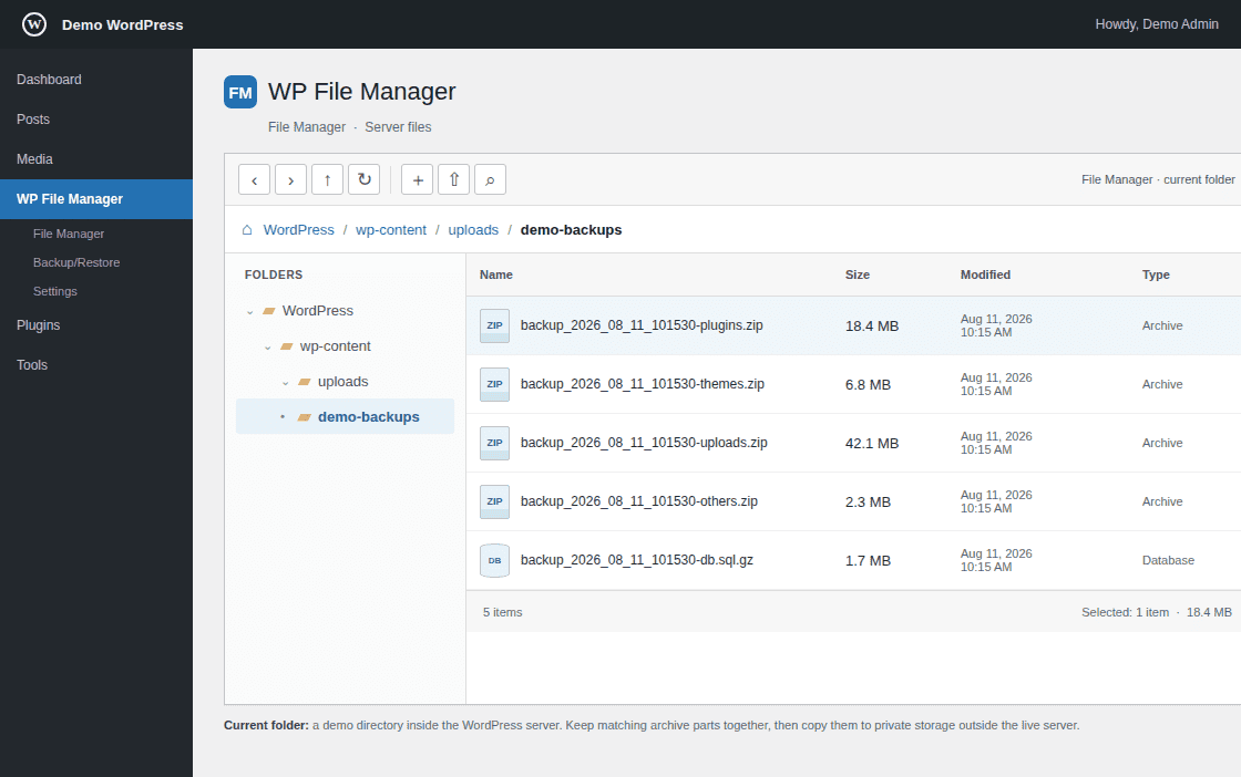 WP File Manager file browser showing backup parts in a server-side demo folder