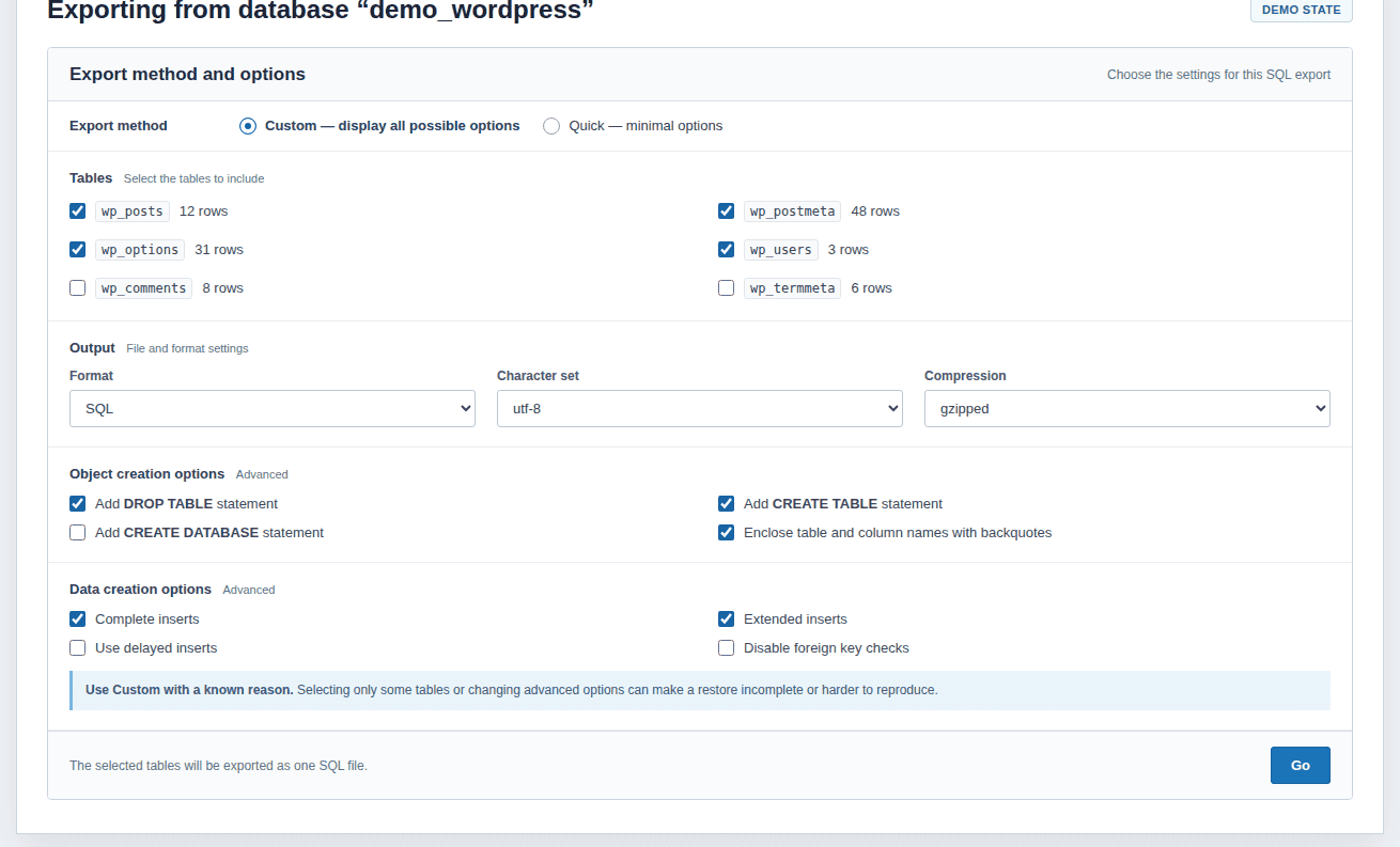 phpMyAdmin Custom export advanced options