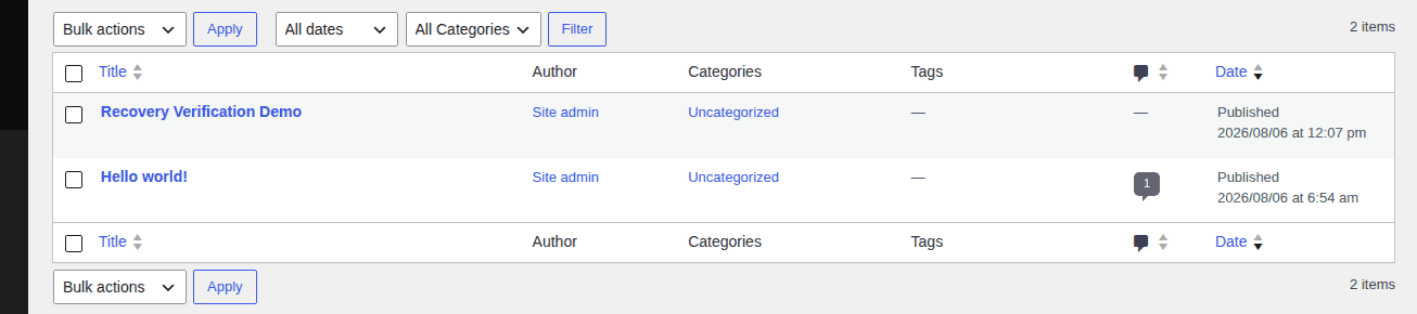 WordPress Posts list showing database-backed content