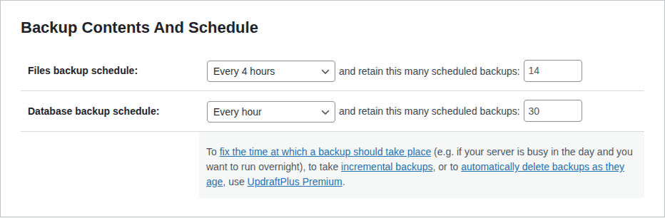 Backup schedule settings for frequent file and database capture