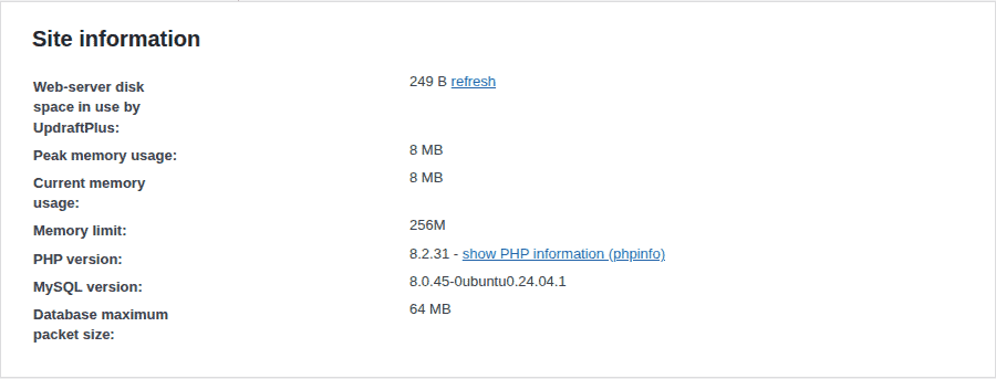 UpdraftPlus diagnostic panel with server and resource information