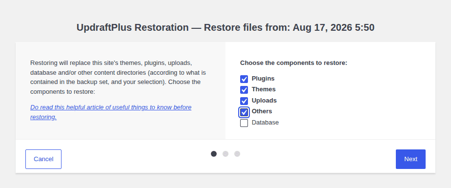 UpdraftPlus restore selector with file components selected and Database unchecked