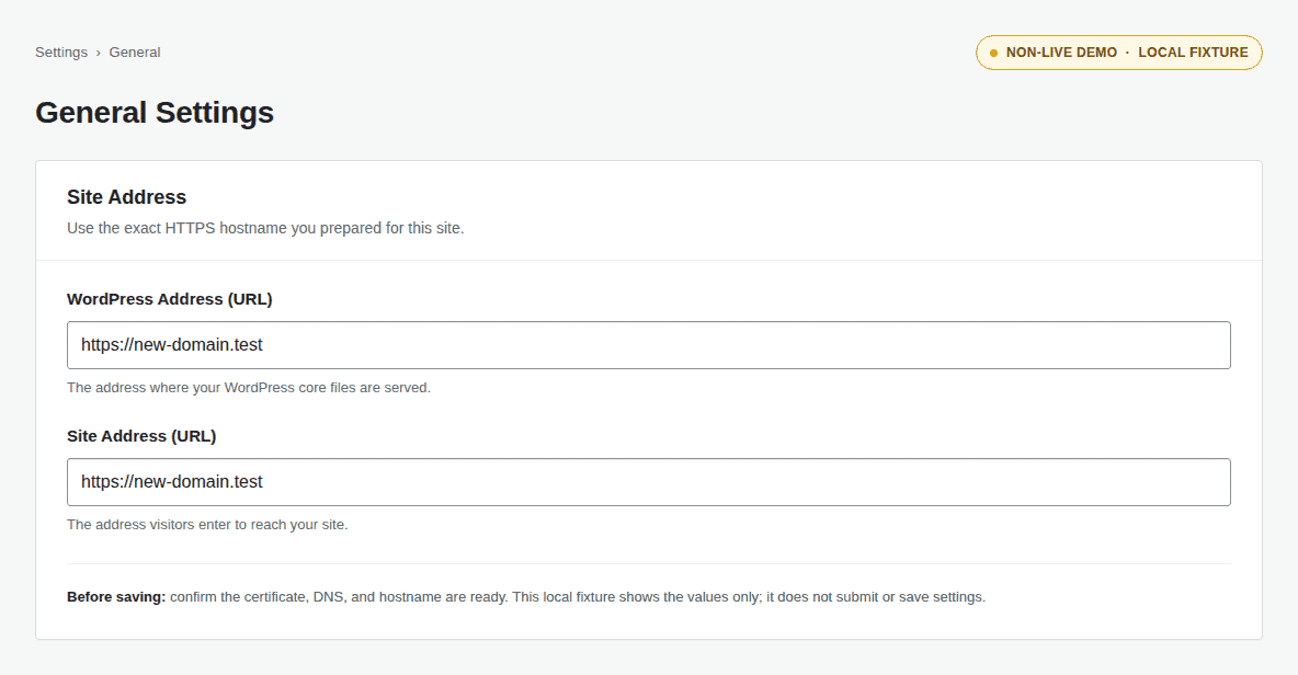 WordPress Address and Site Address set to the new HTTPS domain