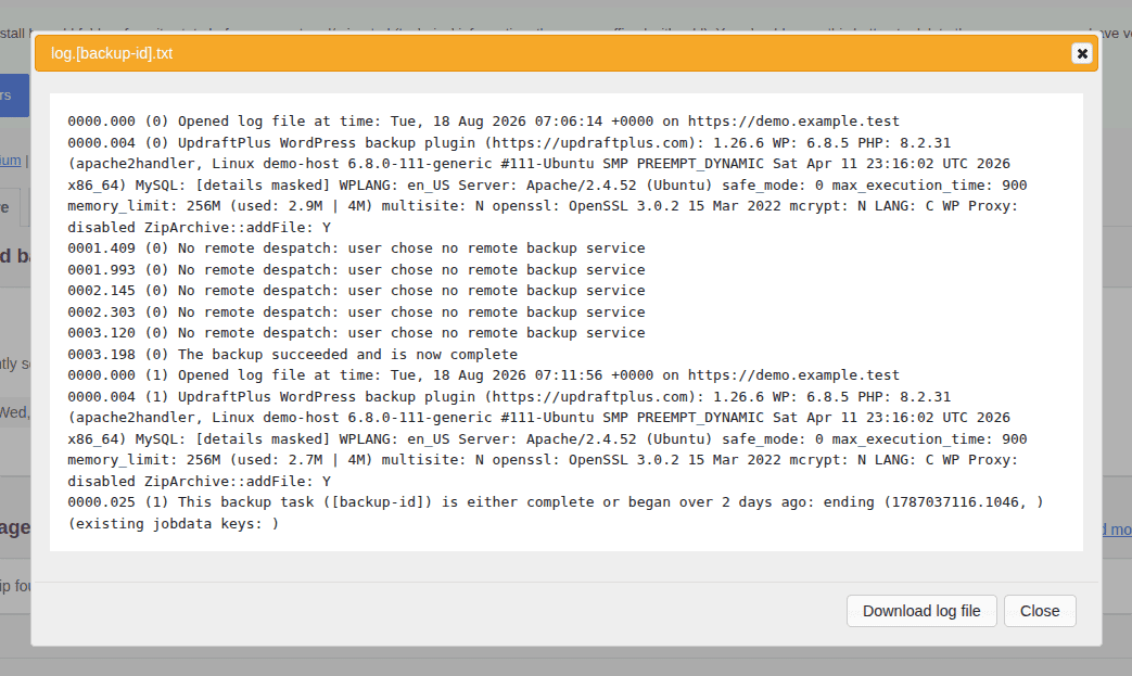UpdraftPlus restore log viewer showing the last completed operation