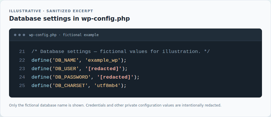 Sanitized wp-config.php excerpt showing the DB_NAME line