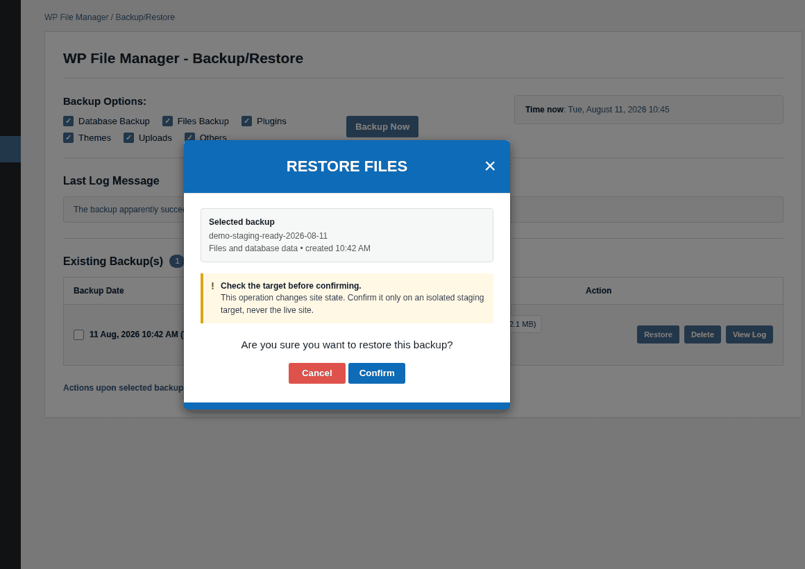 WP File Manager Restore confirmation warning before changing site state