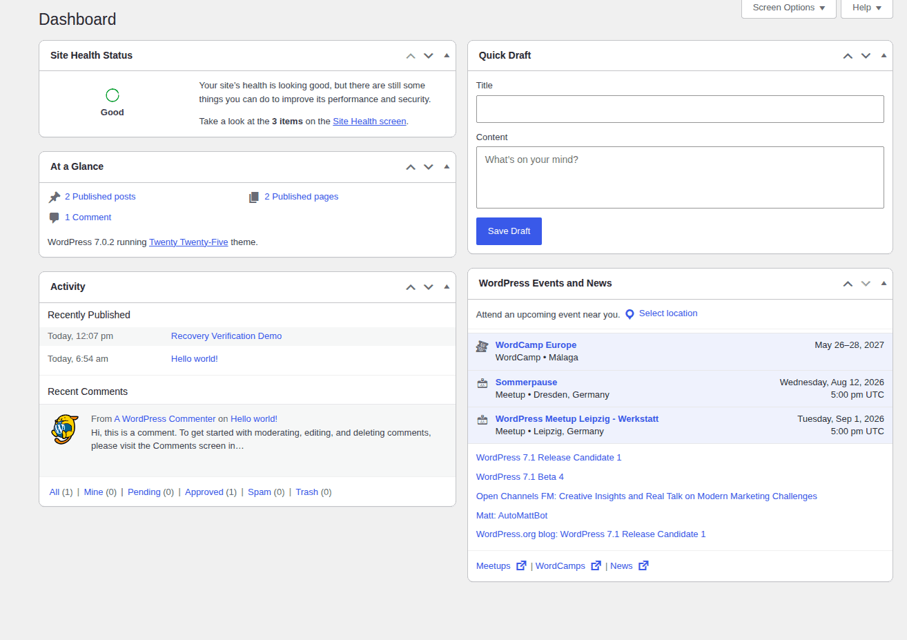WordPress dashboard after a restore, ready for verification