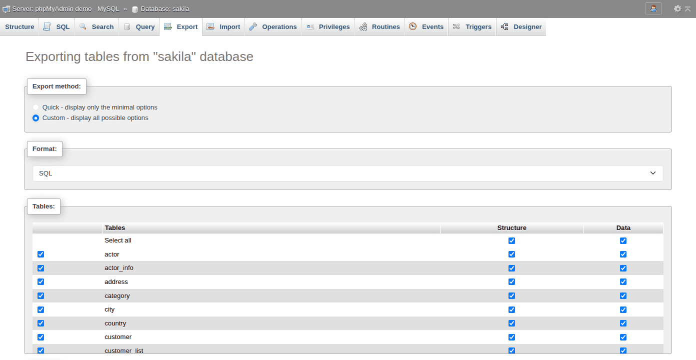 phpMyAdmin export panel set to export the complete database as SQL