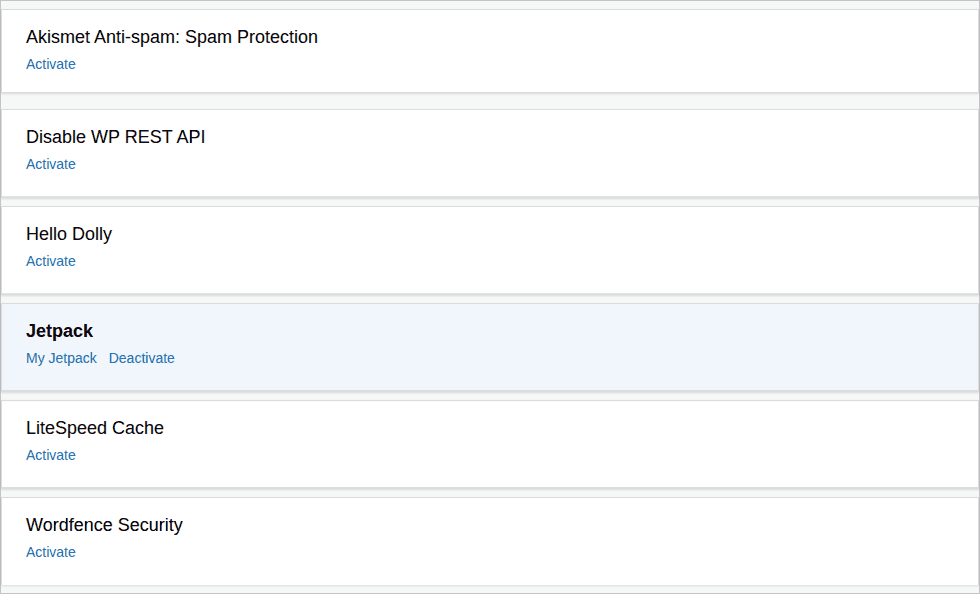 WordPress Plugins screen for isolating a plugin conflict