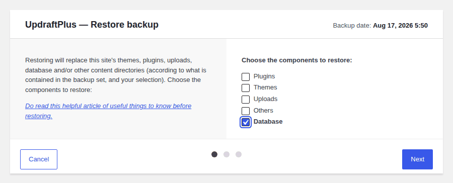 UpdraftPlus restore controls with a smaller component scope selected