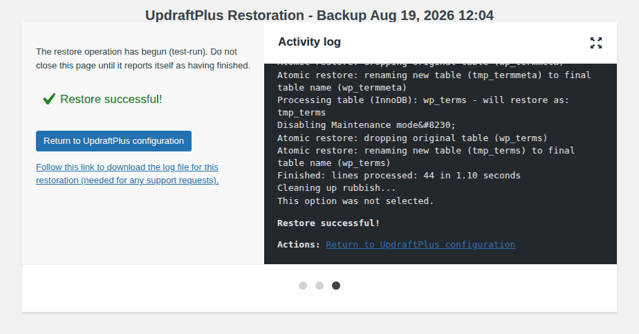UpdraftPlus successful result after a controlled database-only restore