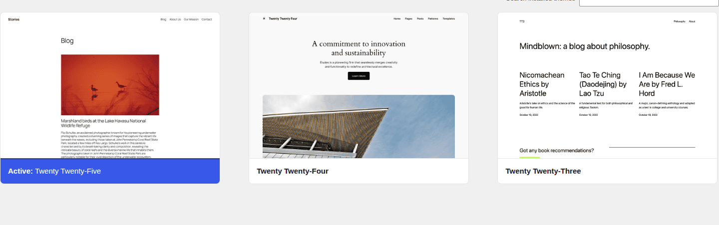 WordPress Themes screen for testing a default theme