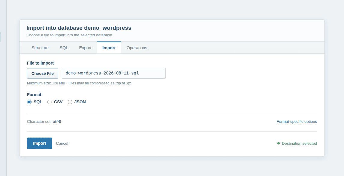 phpMyAdmin Import form with an SQL backup selected