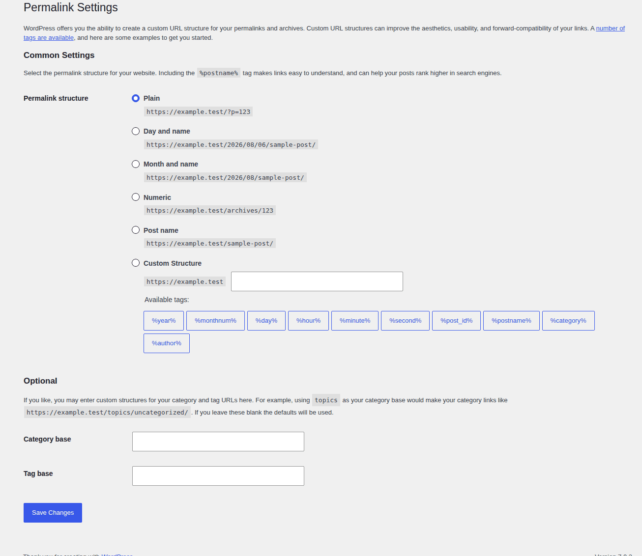 WordPress Permalink Settings screen for refreshing URL structure