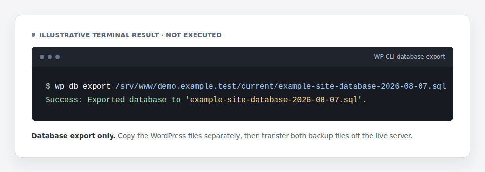 WP-CLI database export command with the SQL file created