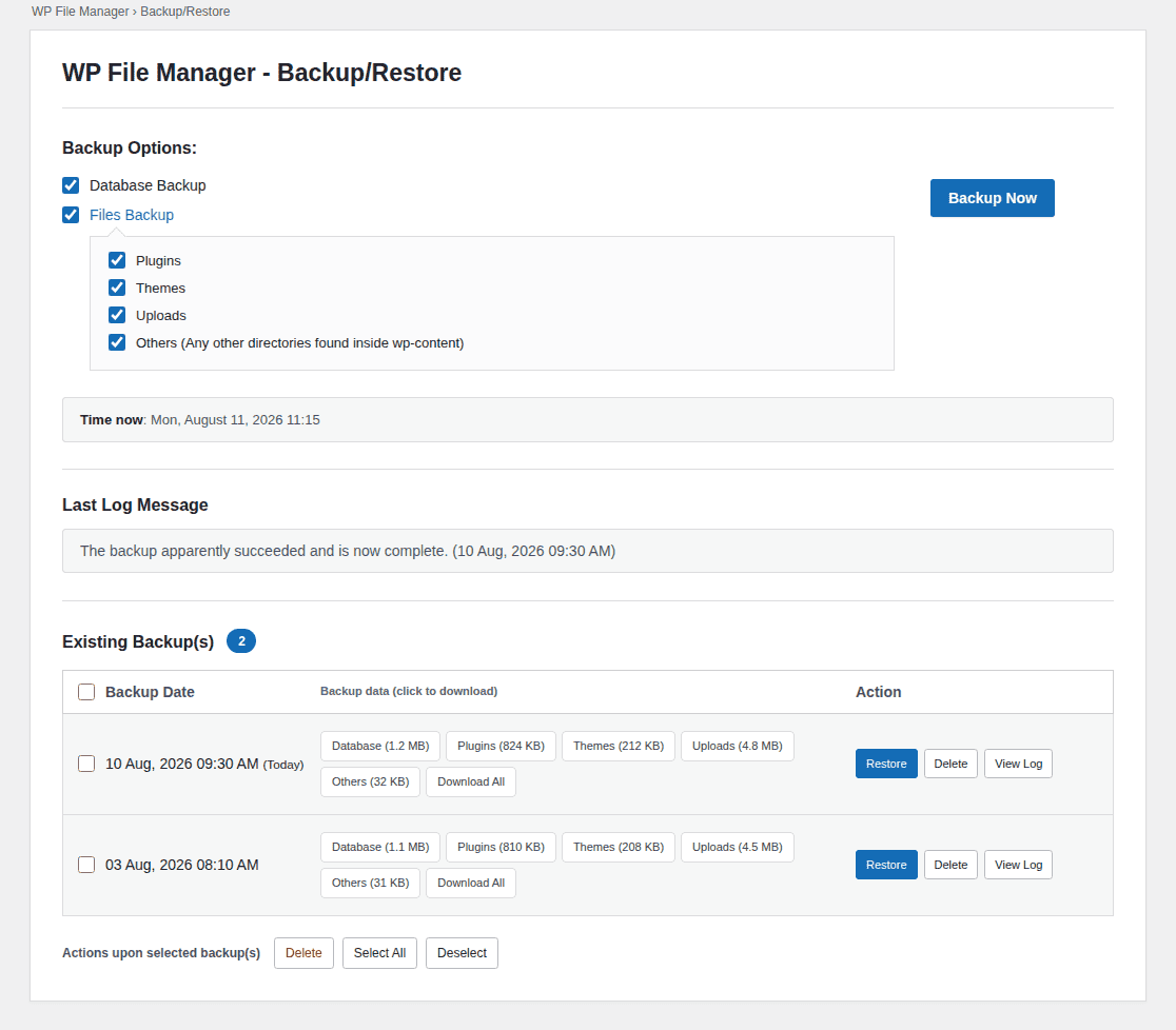 WP File Manager manual Backup/Restore surface showing a one-off backup workflow
